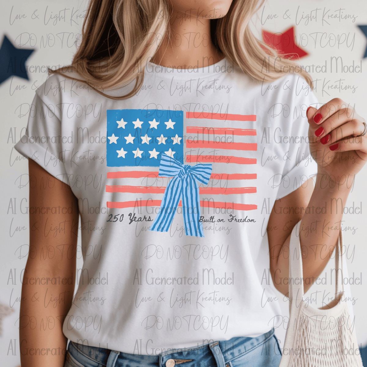 250 Years Built on Freedom American Flag and Blue Stripe Bow Handdrawn
