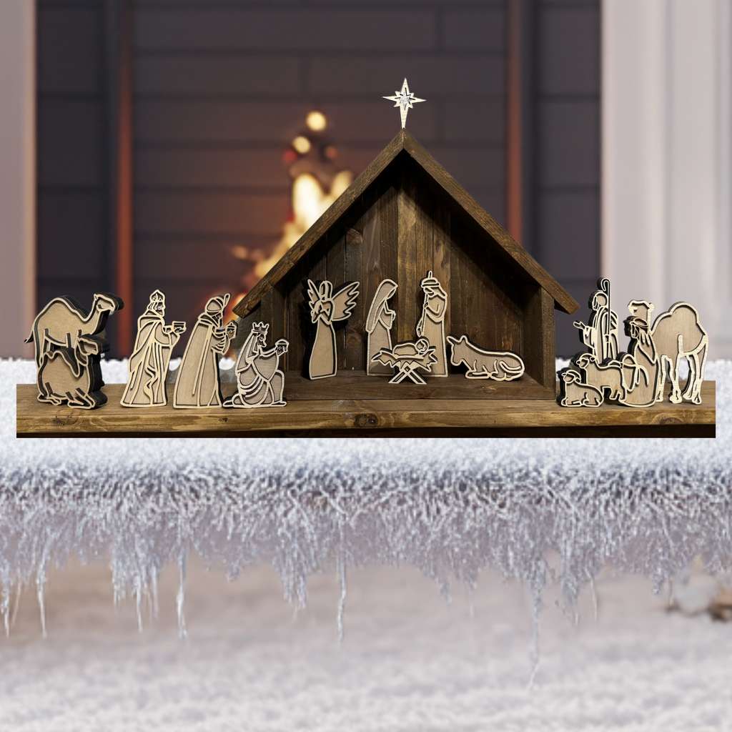 3D 14-Piece Handcrafted Wooden Nativity Set with Stable | Laser-Cut Holiday Décor | Christian Christmas Scene | Unique Gift