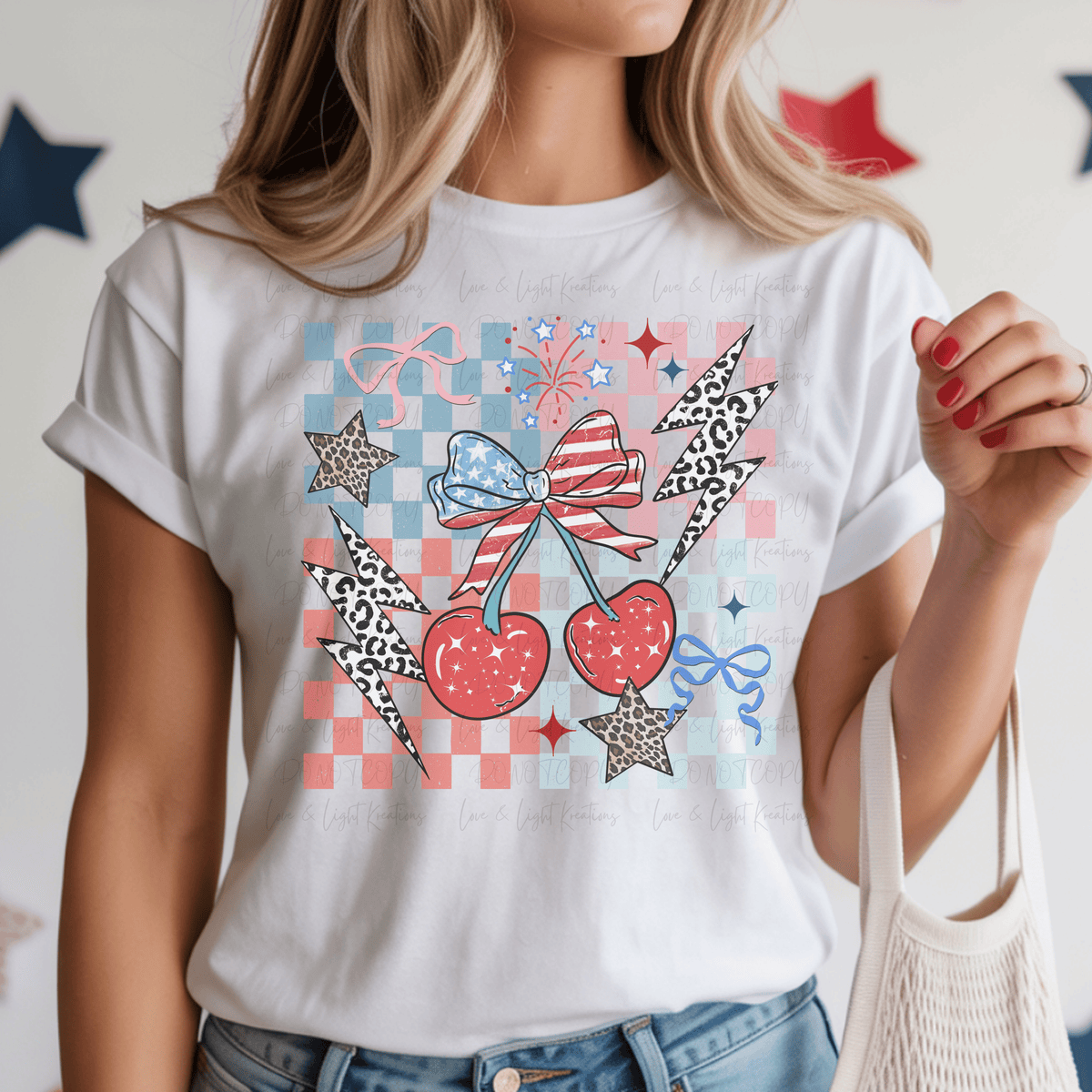 4th of July Cherries with Lightening Bolts and Stars with Checkered Background