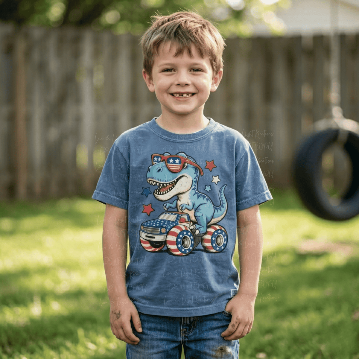 4th of July Dinosaur Riding on a Patriotic Monster Truck