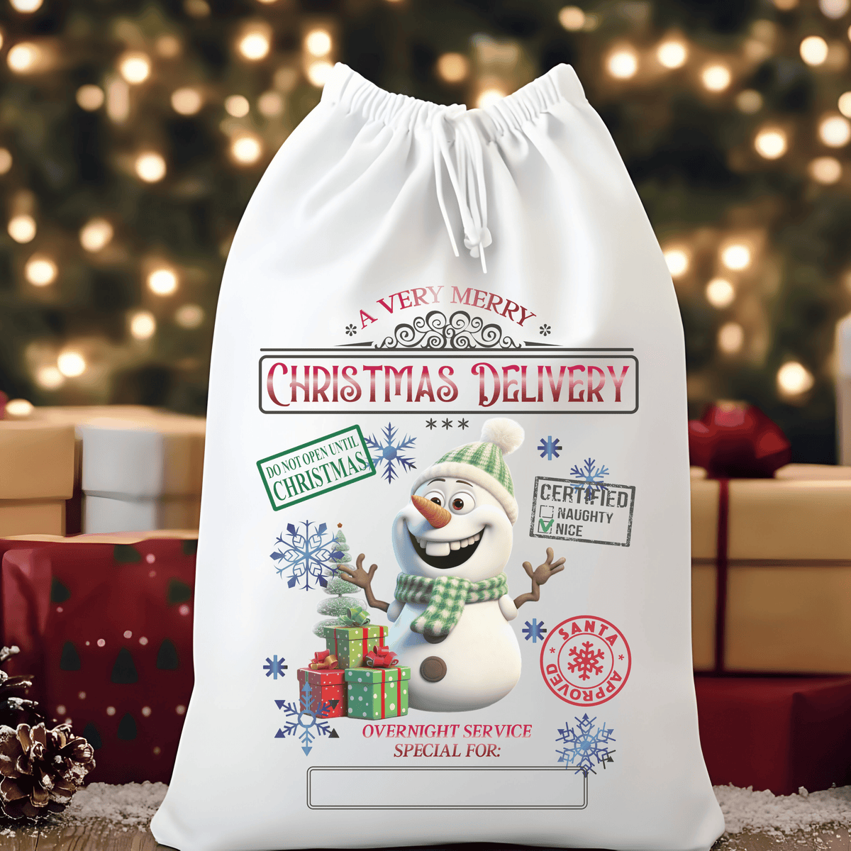 A Very Merry Christmas Delivery Snowman Santa Sack