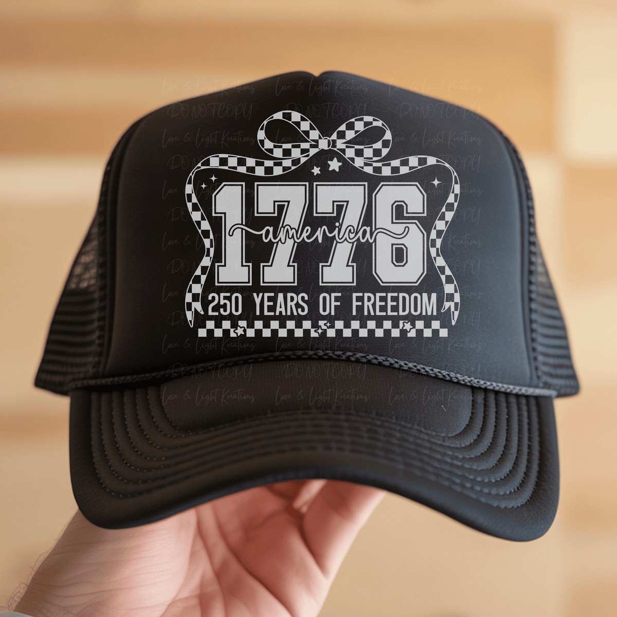 America 1776 250 Years of Freedom with Checkered Bow White
