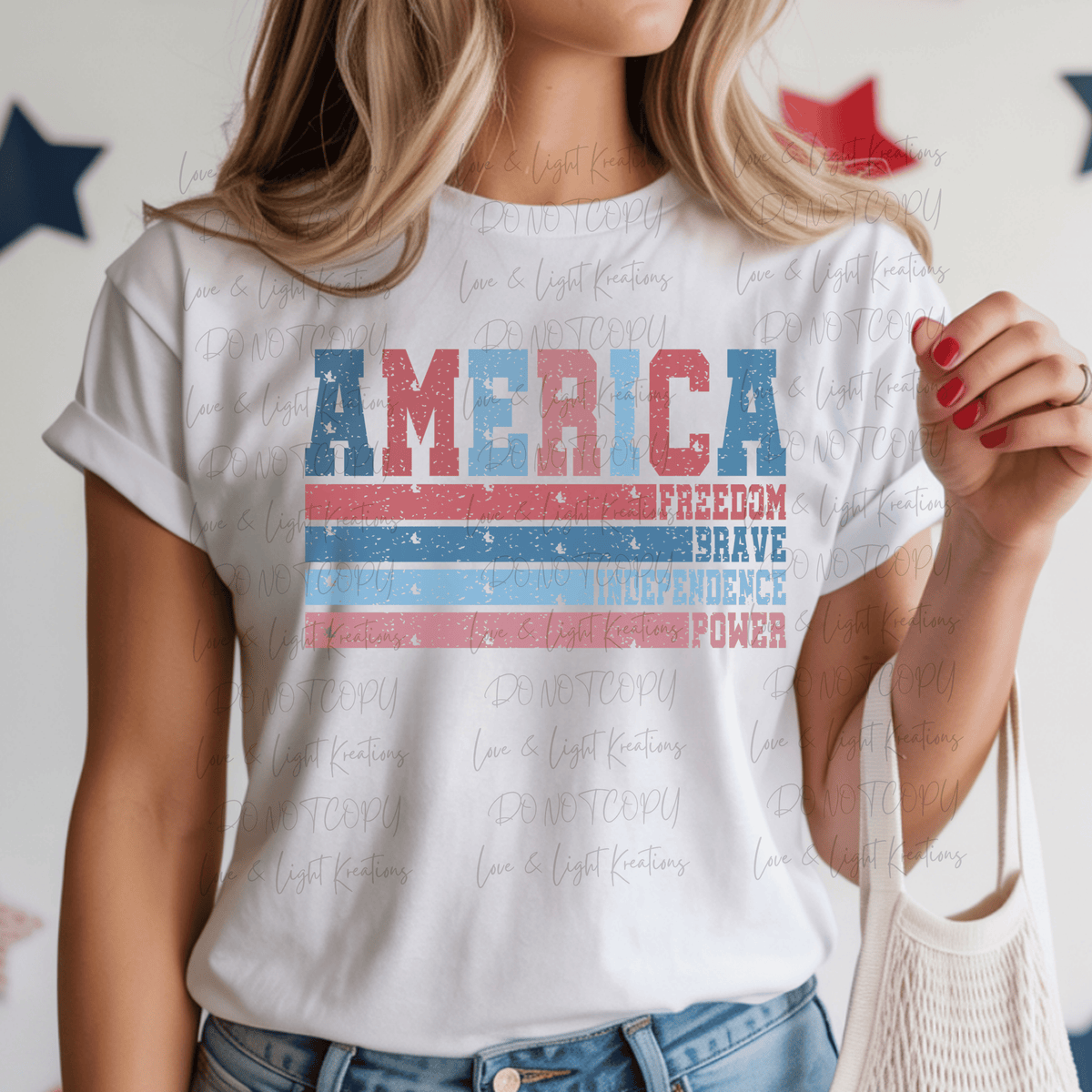 America Freedom, Brave, Independence and Power with Red and Blue Stripes