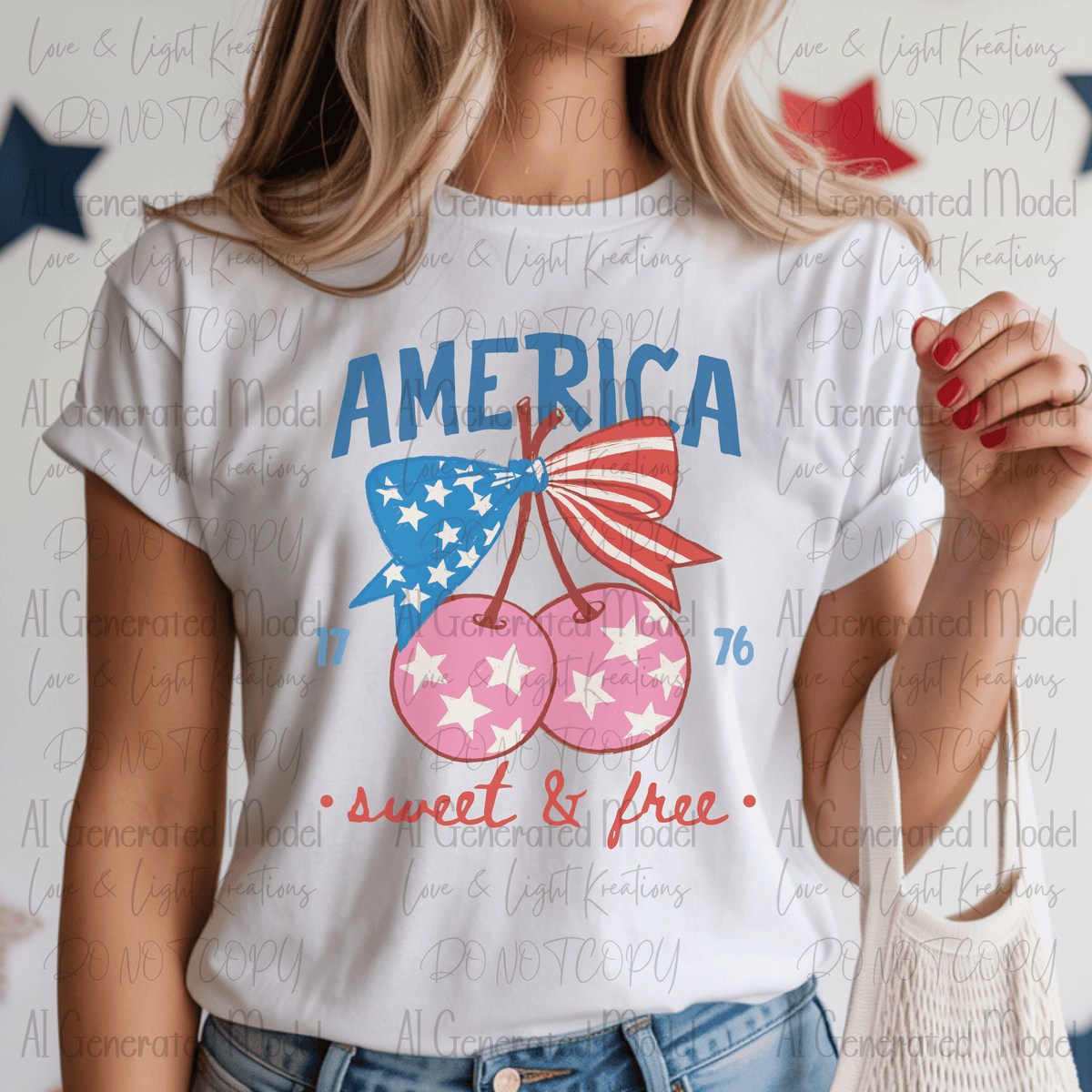 America Sweet and Free Pink Cherries American Bow Handdrawn