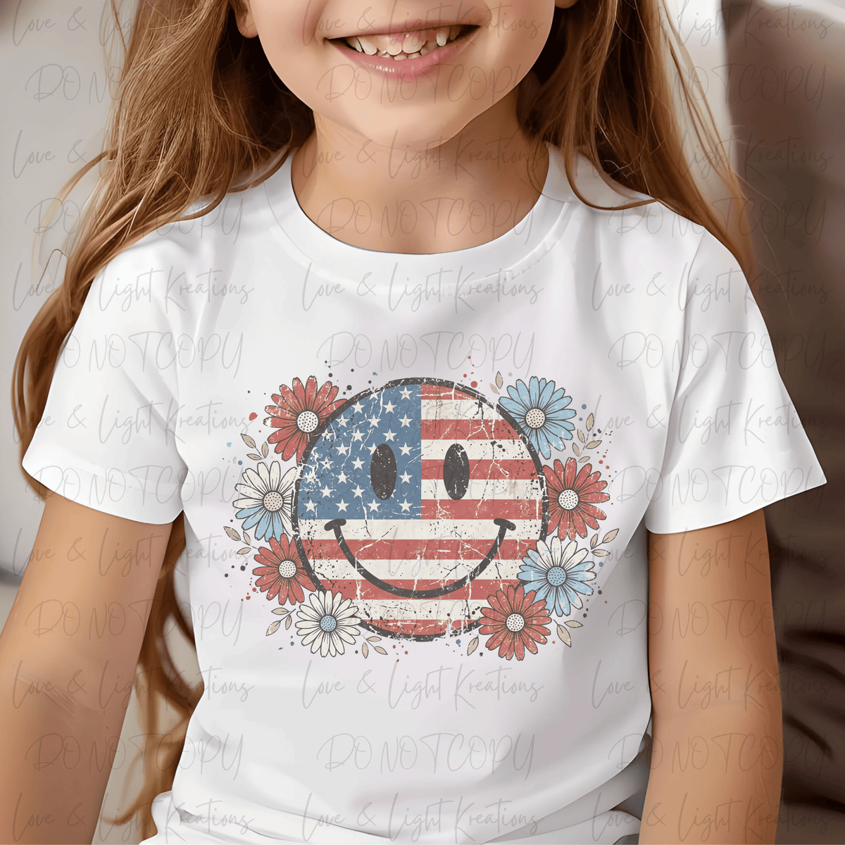 American Flag Smiley with Patriotic Florals Distressed