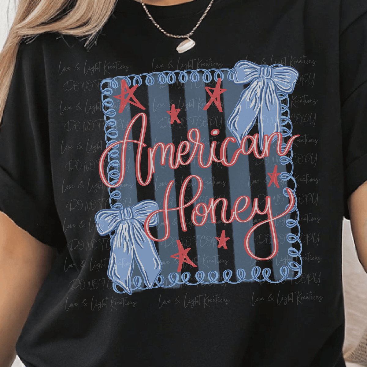 American Honey with Blue Coquette Bows and Stars Stamp