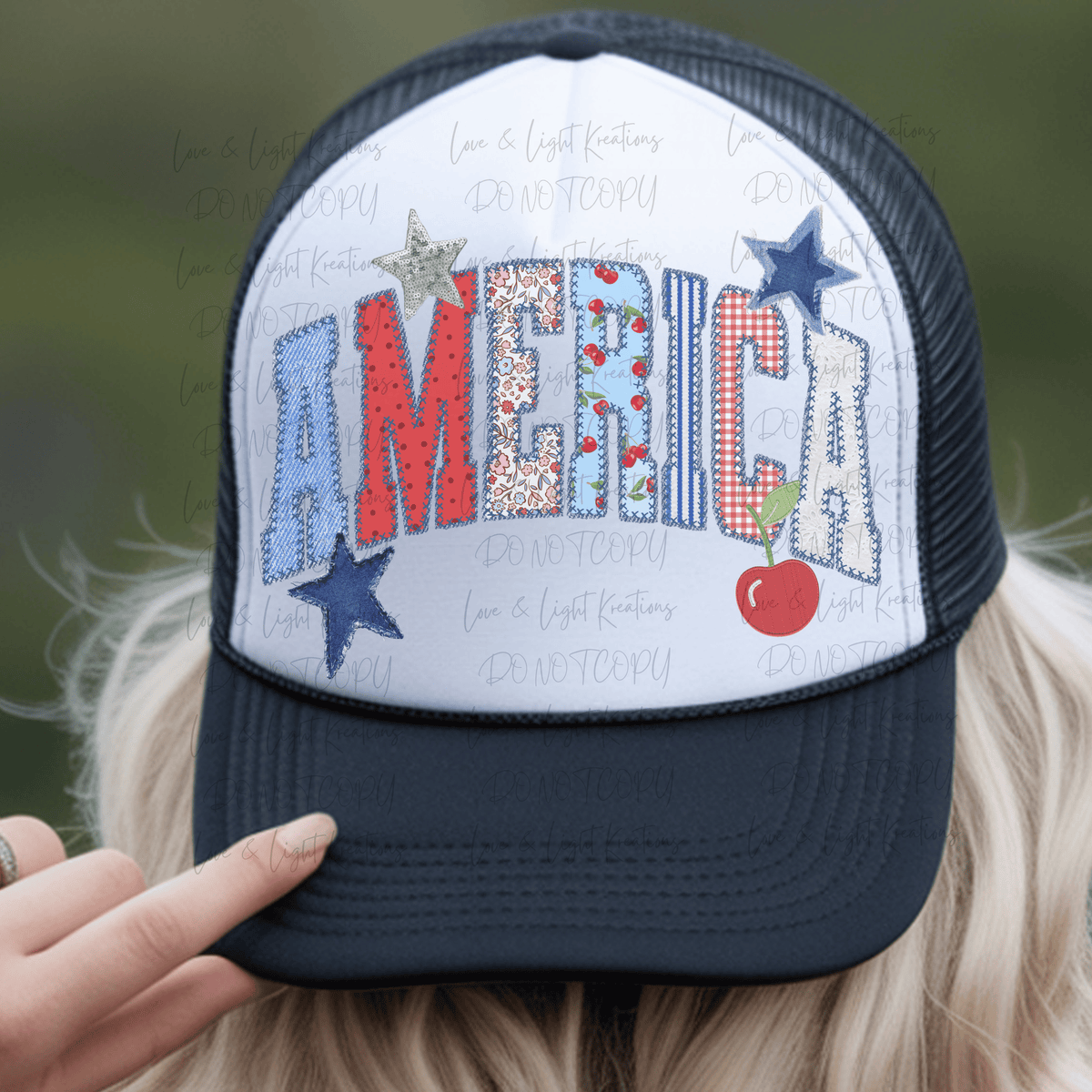 America with Patterned Letters with Stars and Cherry