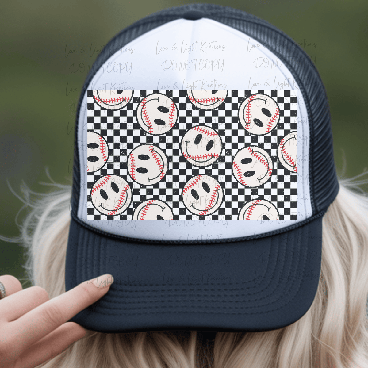 Baseball Smiley Faces with Checkered Hat Background