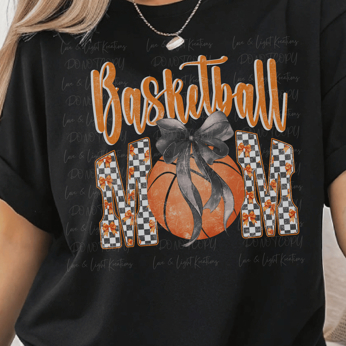 Basketball Mom Patterned with Checkered Letters with Ball and Bow