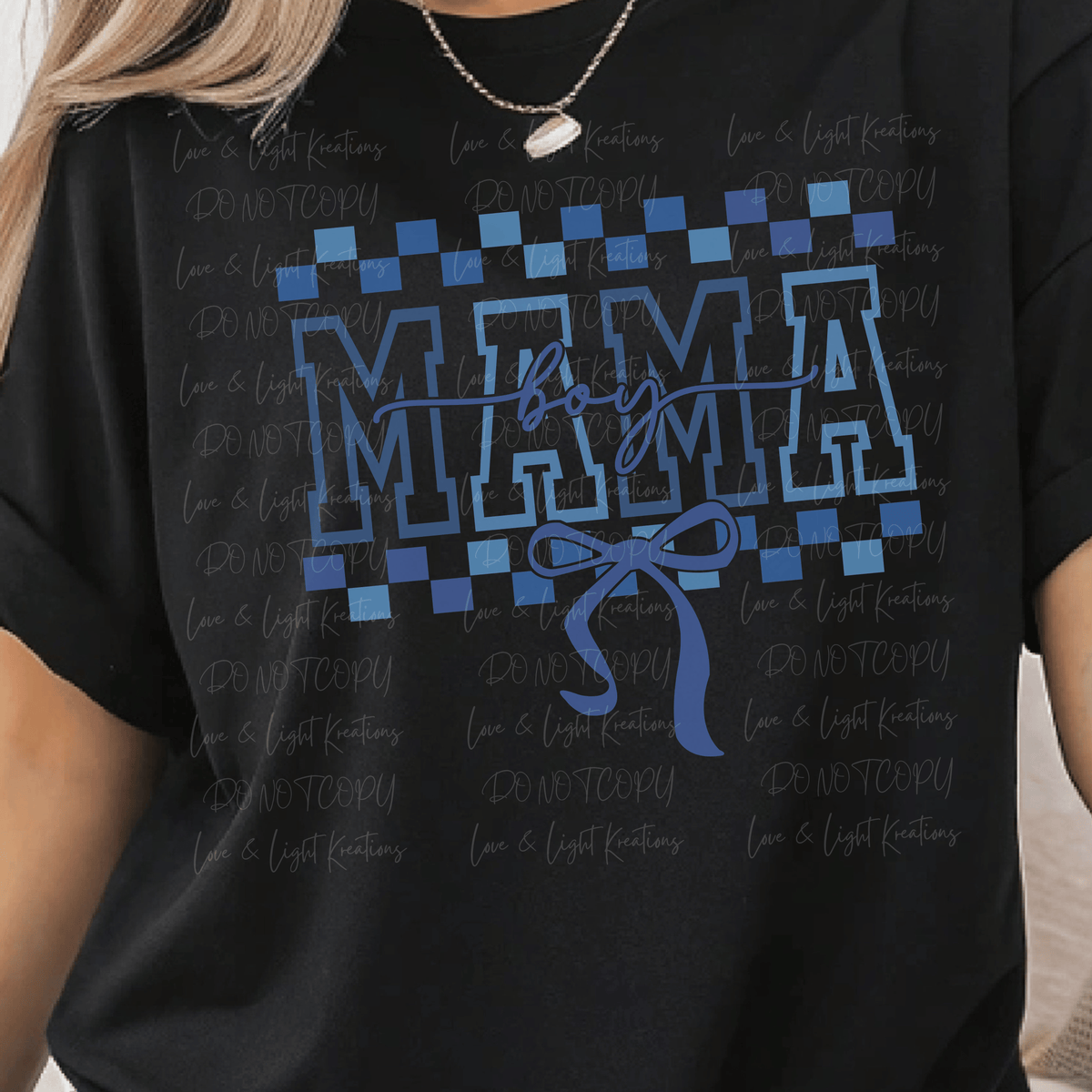 Blue Checkered Boy Mama with Coquette Bow