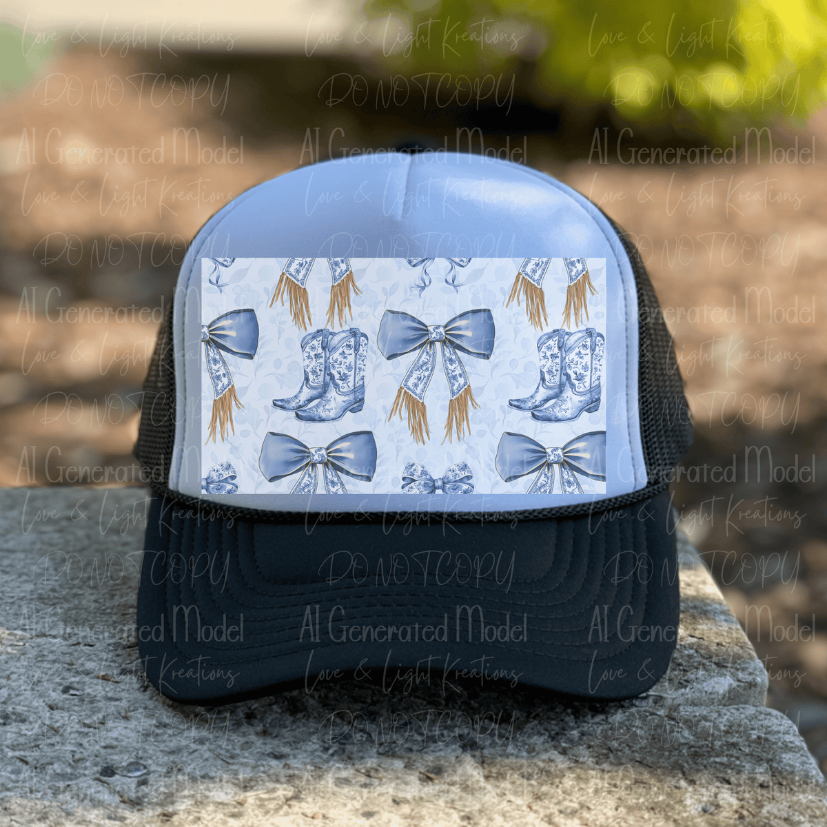 Blue Coquette Bow and Boots with Blue Watercolor Background