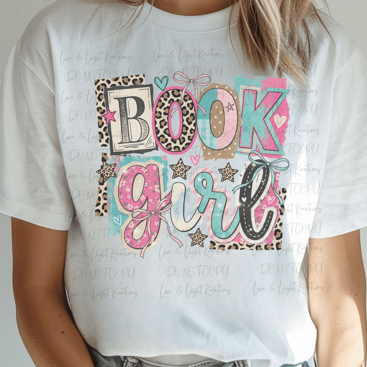 Book Girl in Teal, Pink and Leopard Print with Stars and Bows