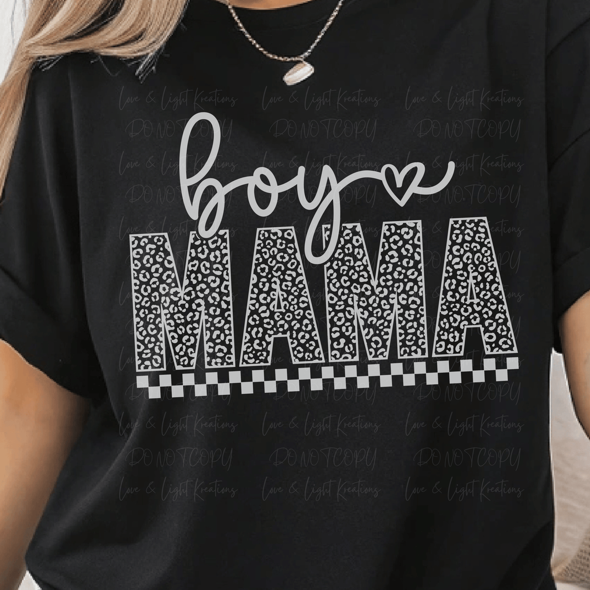 Boy Mama with White Leopard Print and Checkered