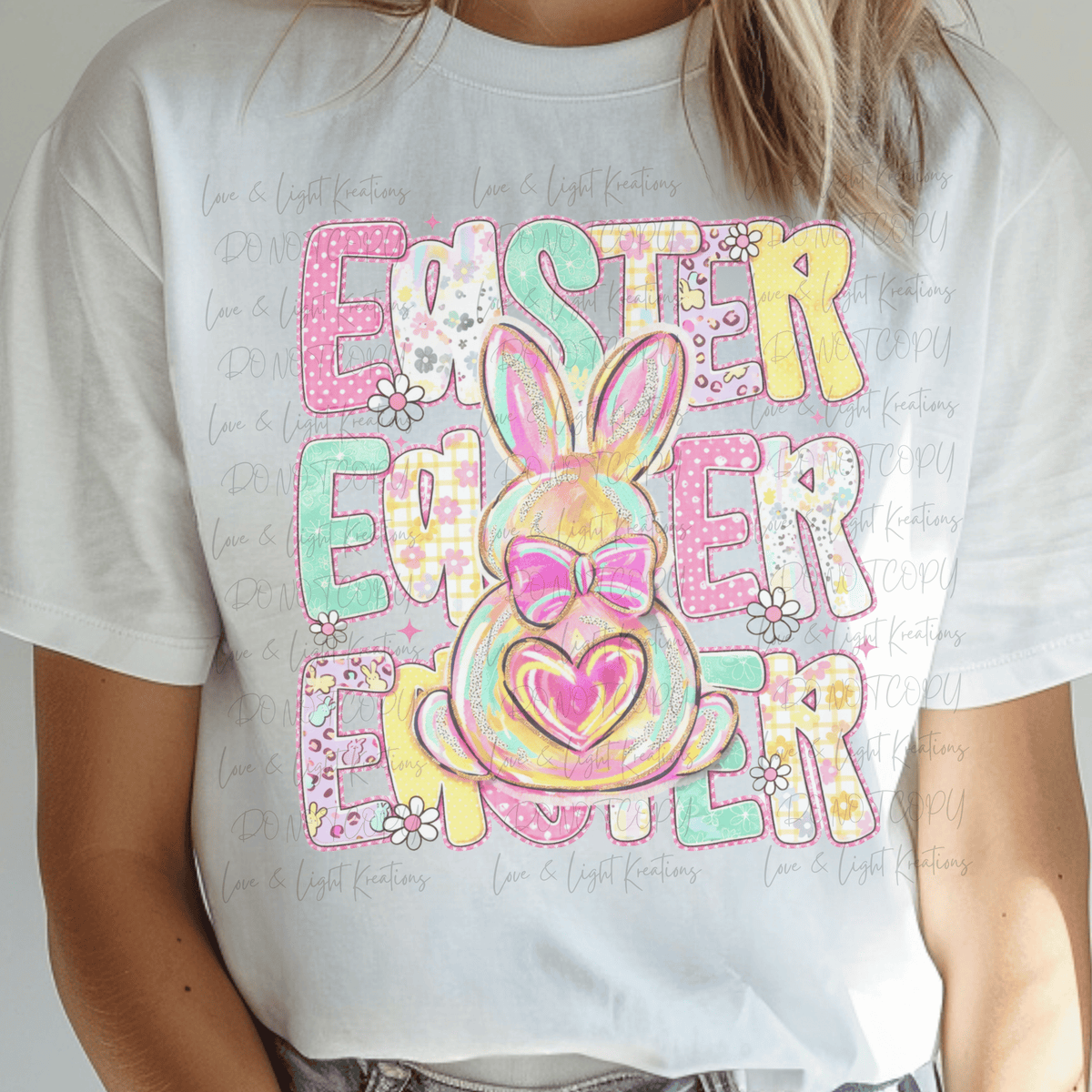 Bright Colored Patterned Easter with Paint Stroke Easter Bunny with Heart and Bow