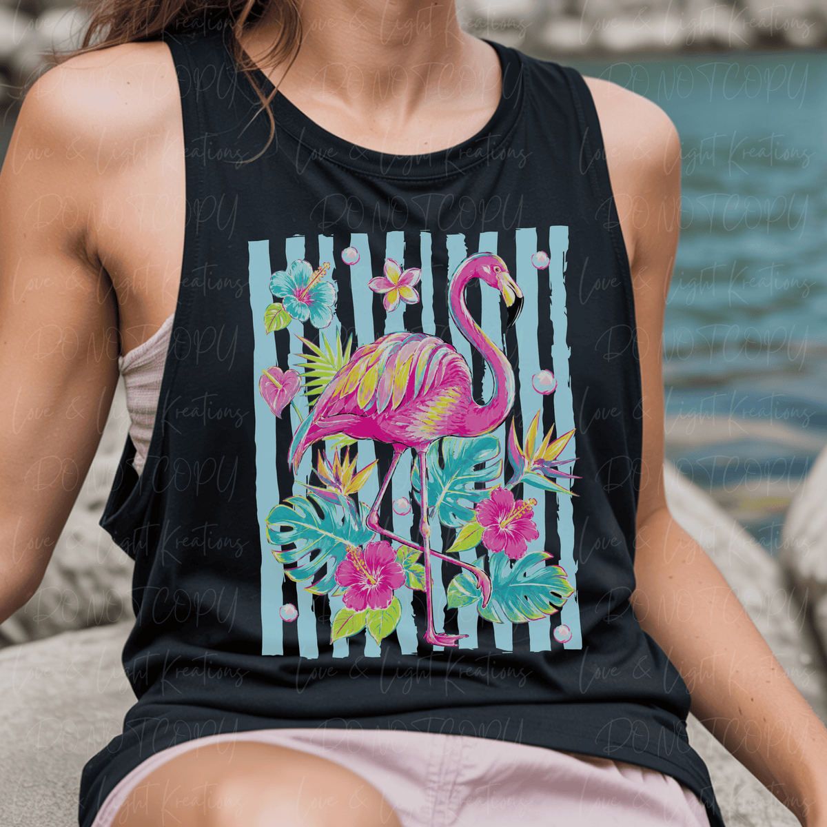 Bright Pink Flamingo with Florals and Blue Stripes