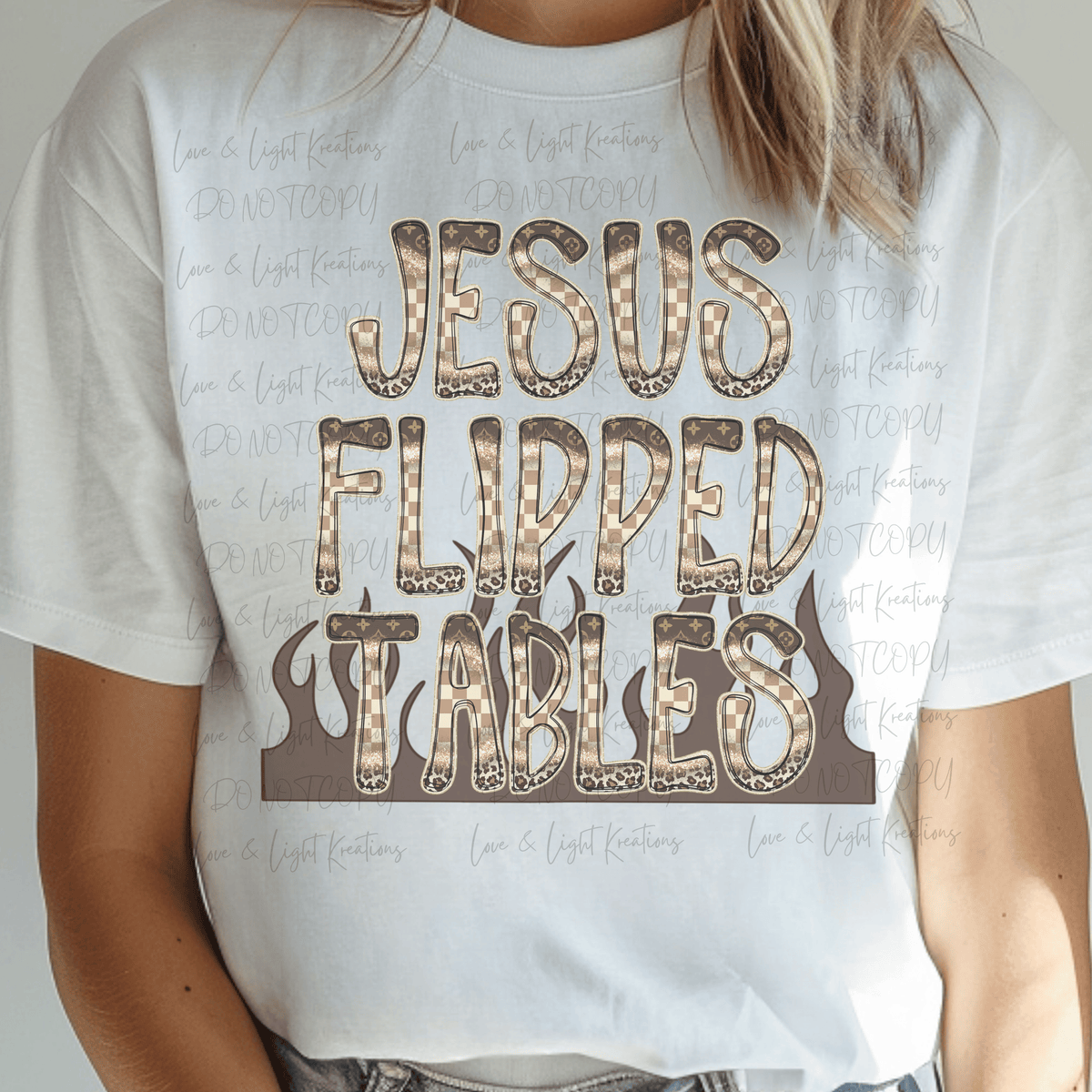 Brown Checkered Jesus Flipped Tables with Flames