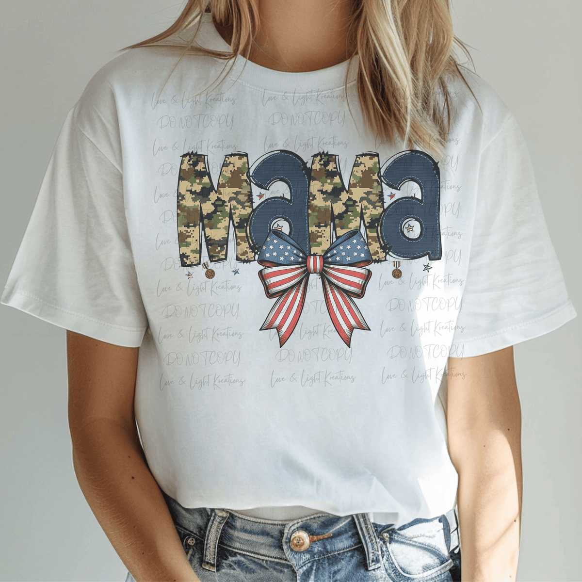 Camo and Navy Mama with American Flag Coquette Bow