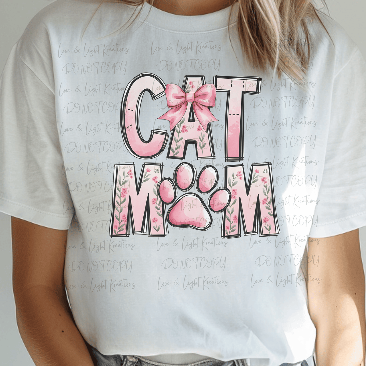 Cat Mom with Pink Coquette Bow, Paw, and Letters