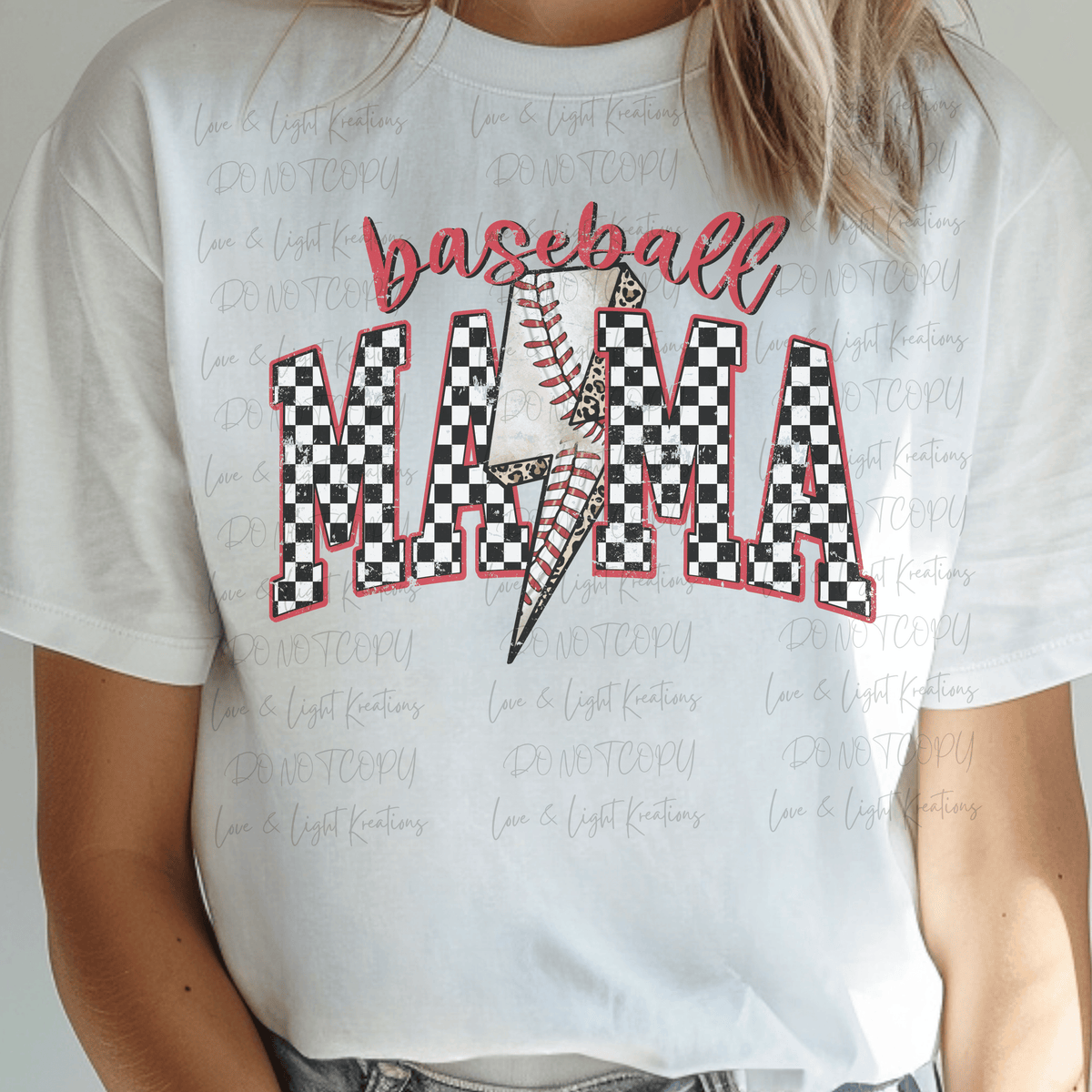 Checkered Baseball Mama with Ball Lightening Bolt