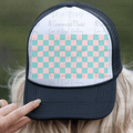 Checkered Hat Background - Light Coral and Teal