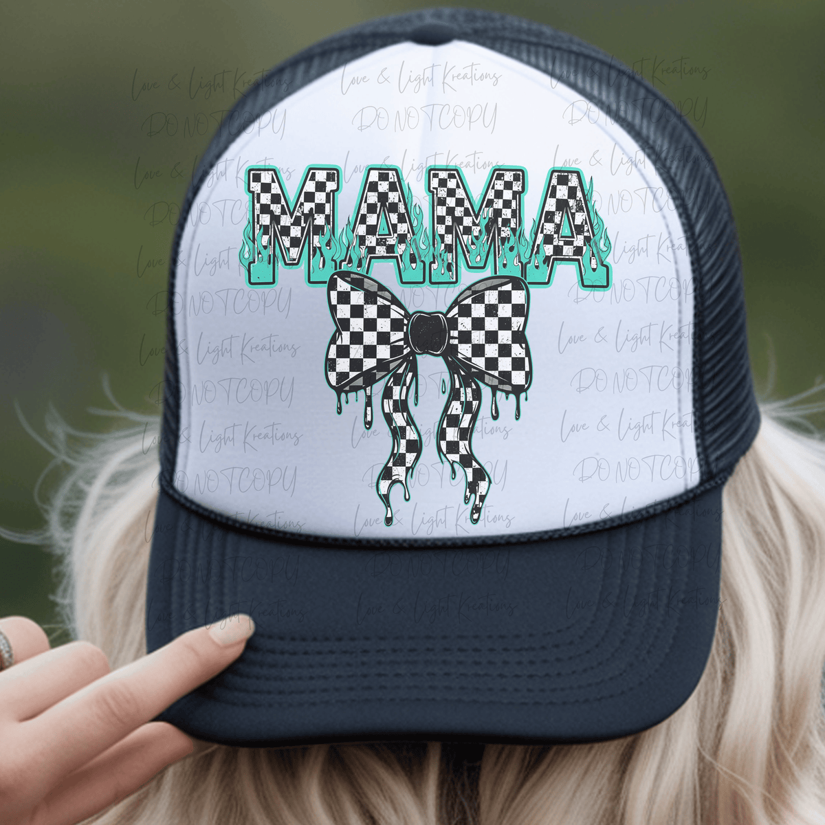 Checkered Mama with Coquette Bow and Neon Teal Flames