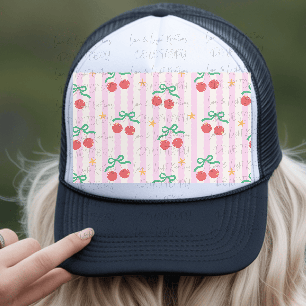 Cherries and Stars with Pink Striped Hat Background