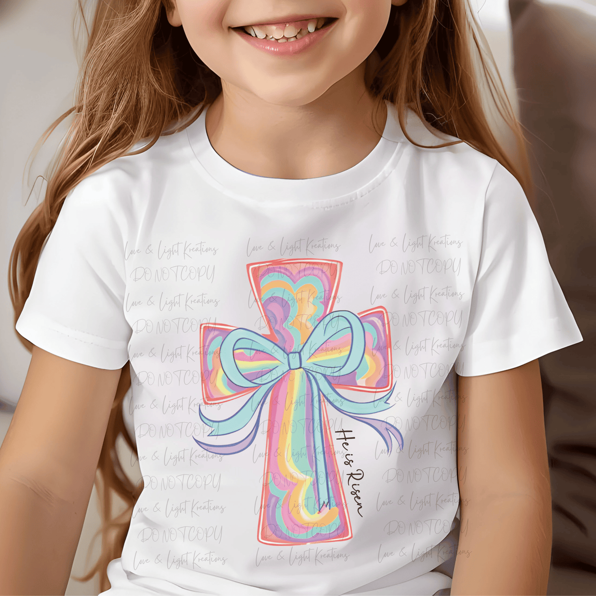 Colorful Cross He is Risen with Blue Bow