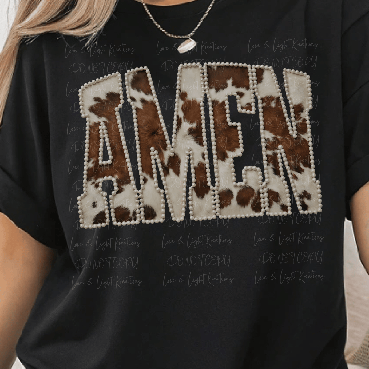 Cow Print Amen with Pearl Outline