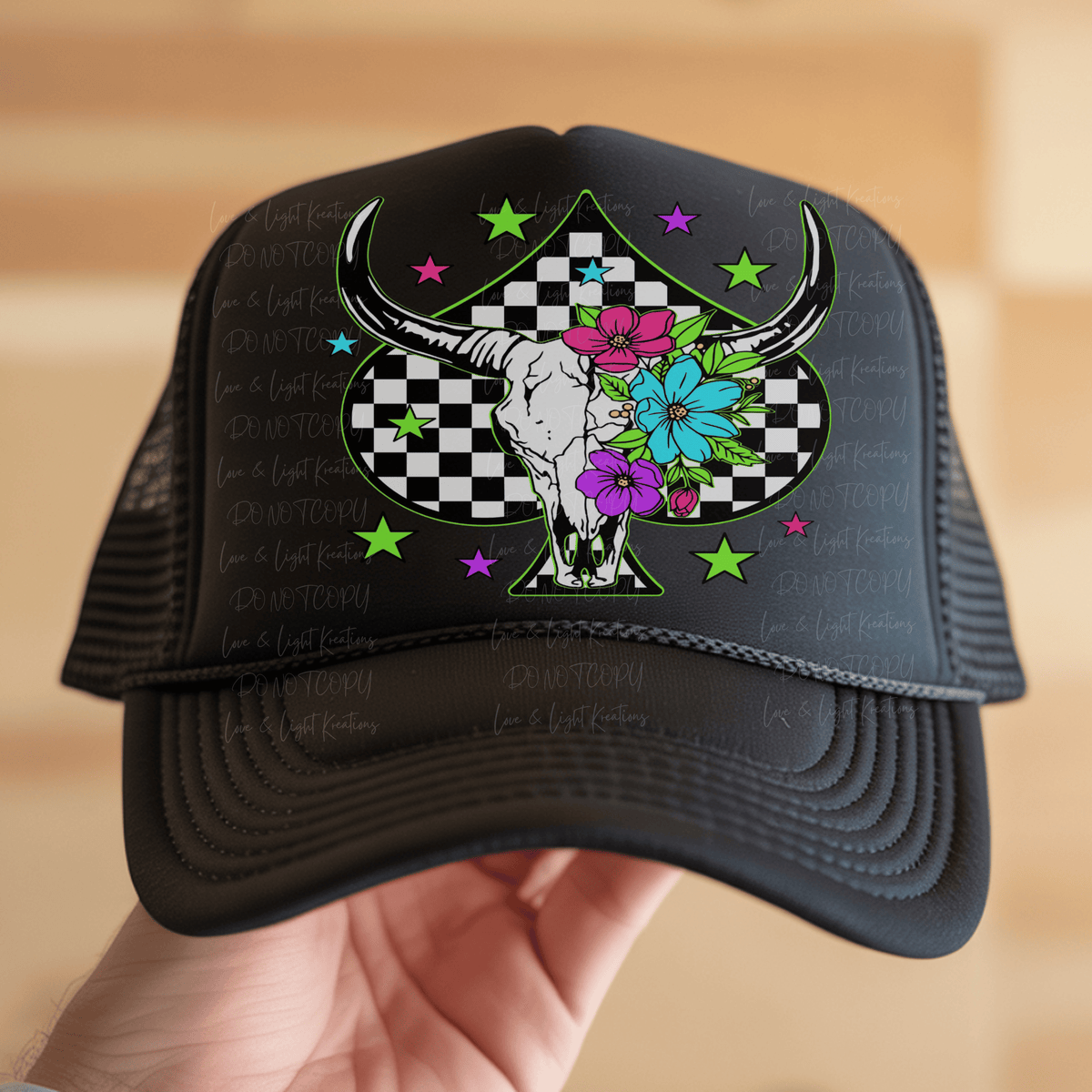 Cow Skull with Spade and Neon Flowers and Stars