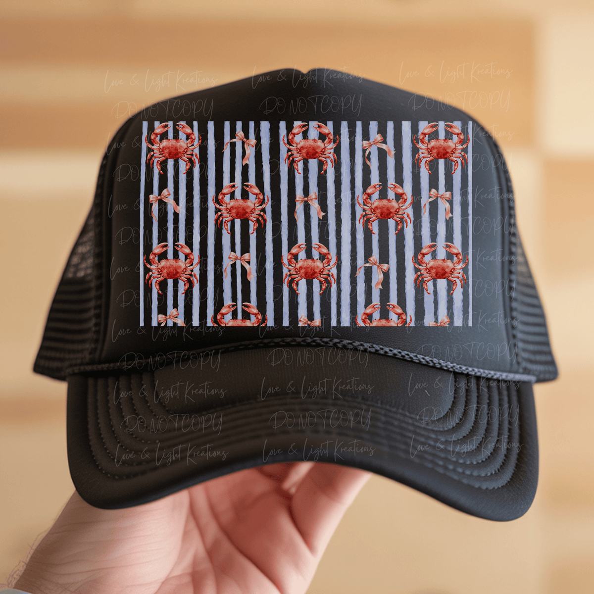 Crabs and Bows on Blue Stripe Hat Background