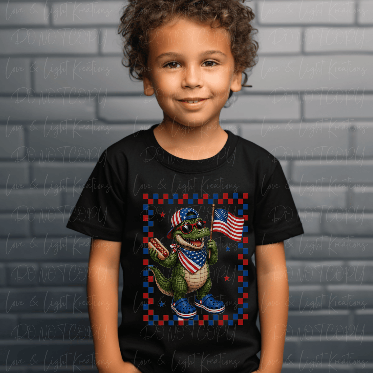 Crocodile Wearing Crocks with Hotdog, Hat and Flag