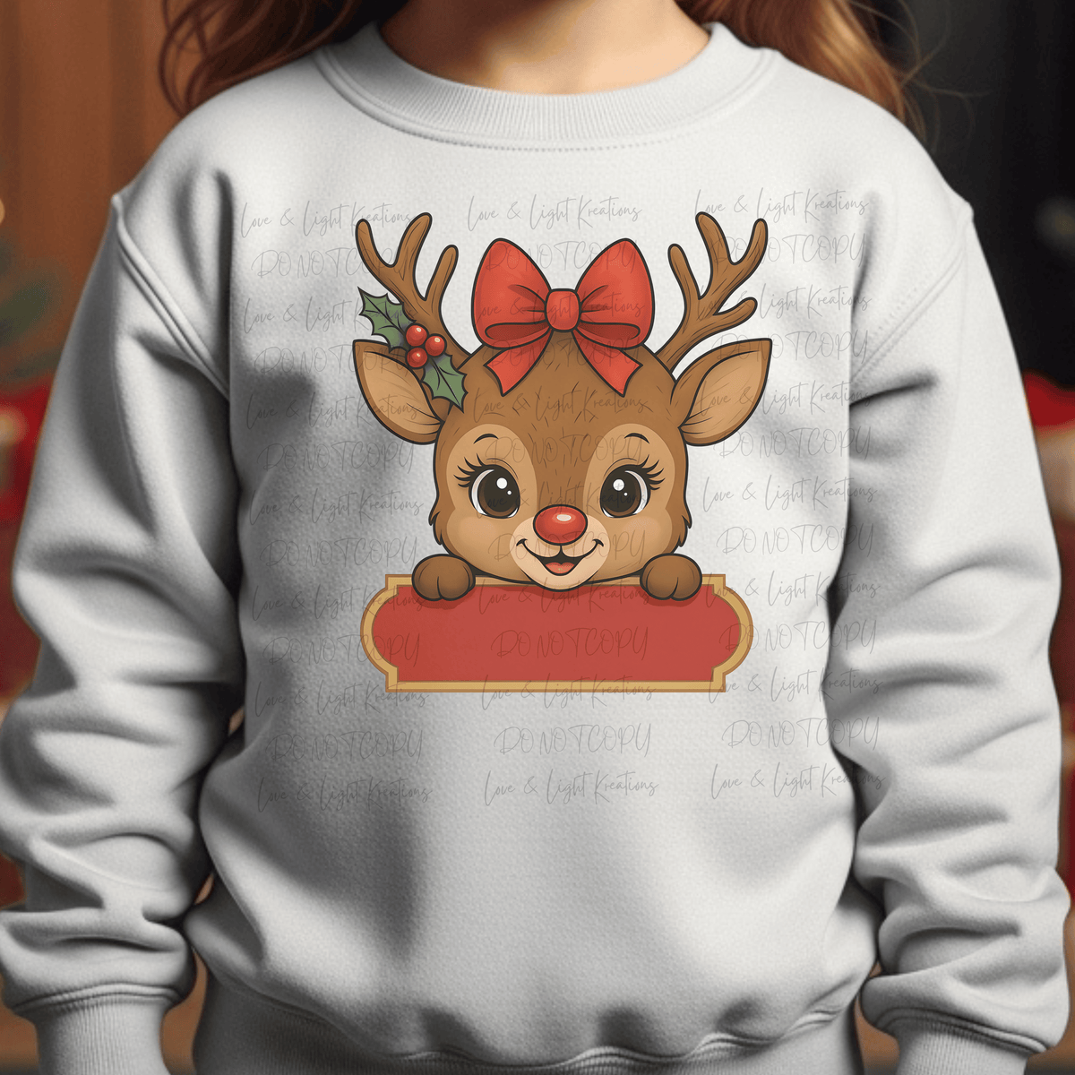 Cute Girl Reindeer with Bow and Red Sign