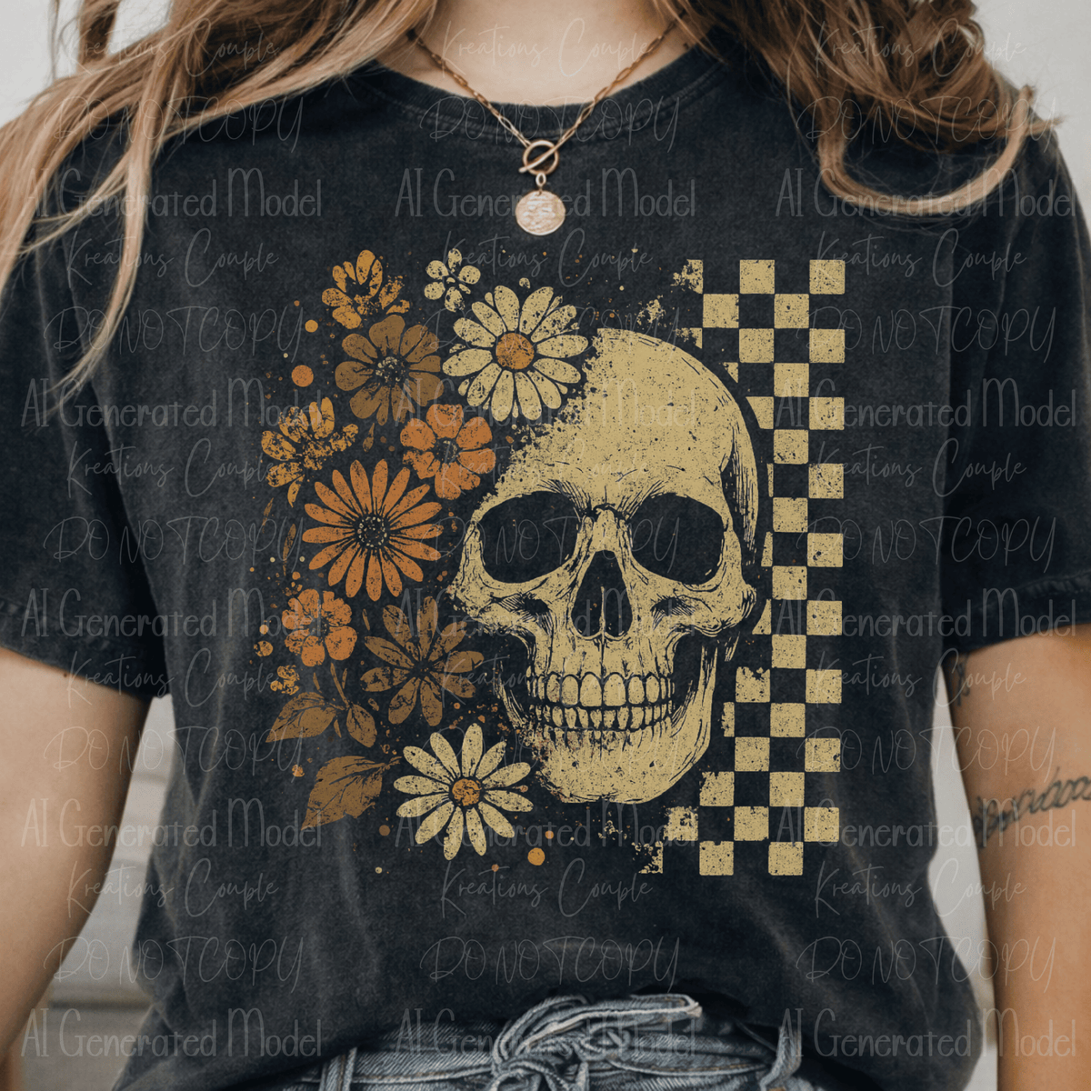 Distressed Floral Checkered Skull
