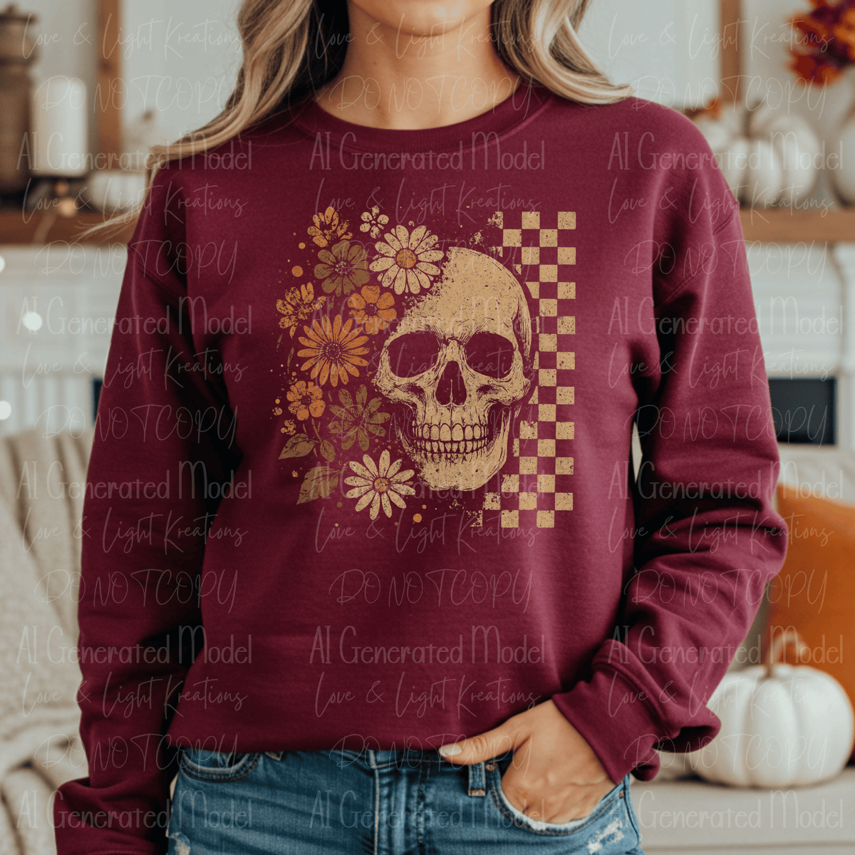 Distressed Floral Skull Checker