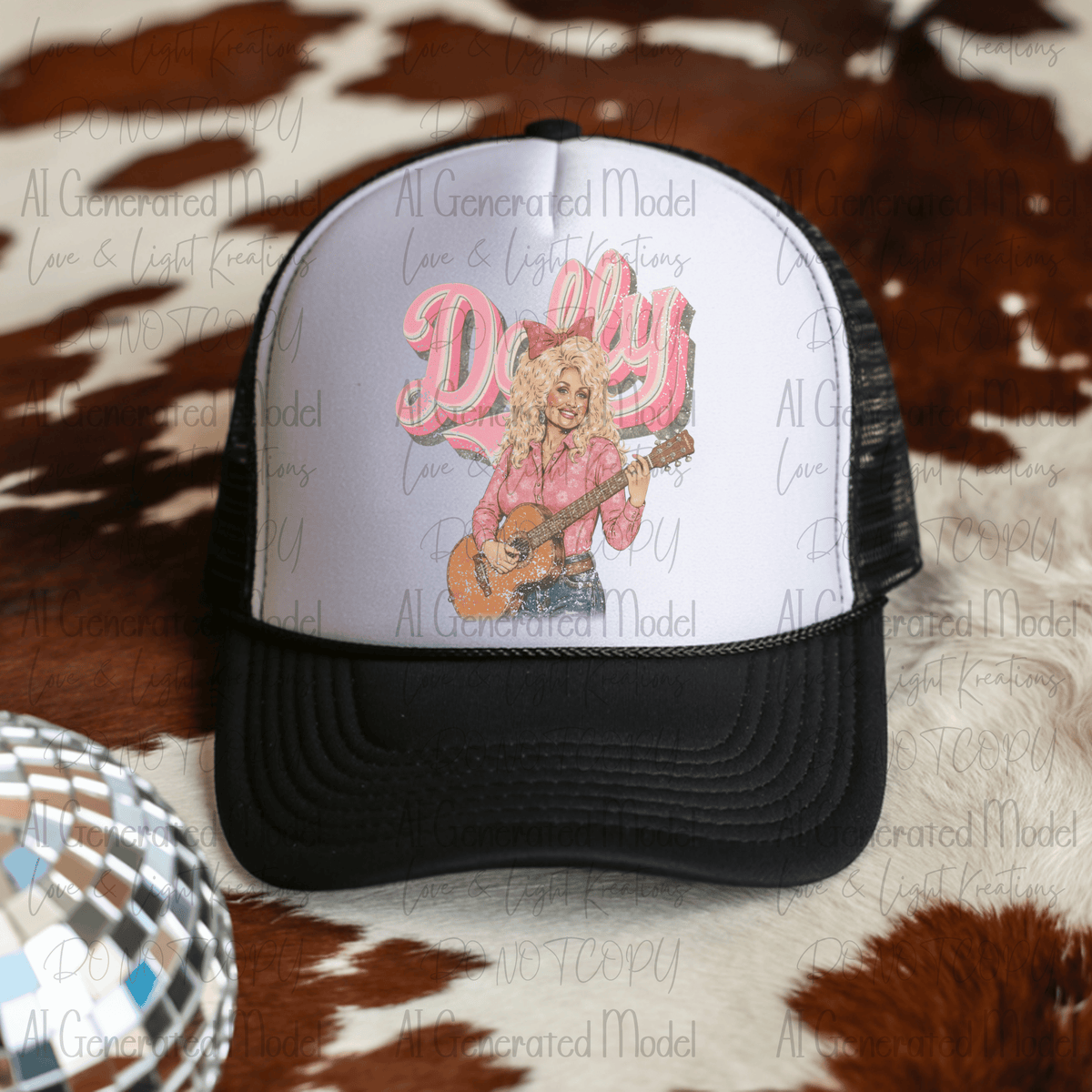 Dolly Playing Guitar Pink Script Distressed