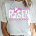 Easter Pink Checkered He is Risen with Cross