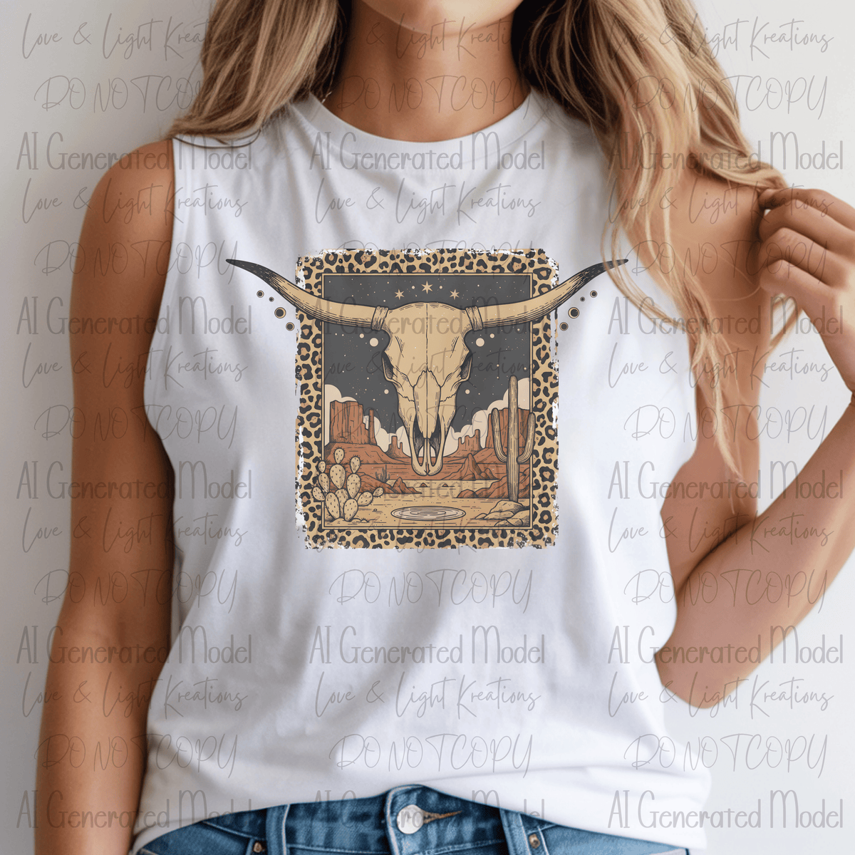 Edgy Western Cow Skull Leopard Print Stamp and Desert Scene