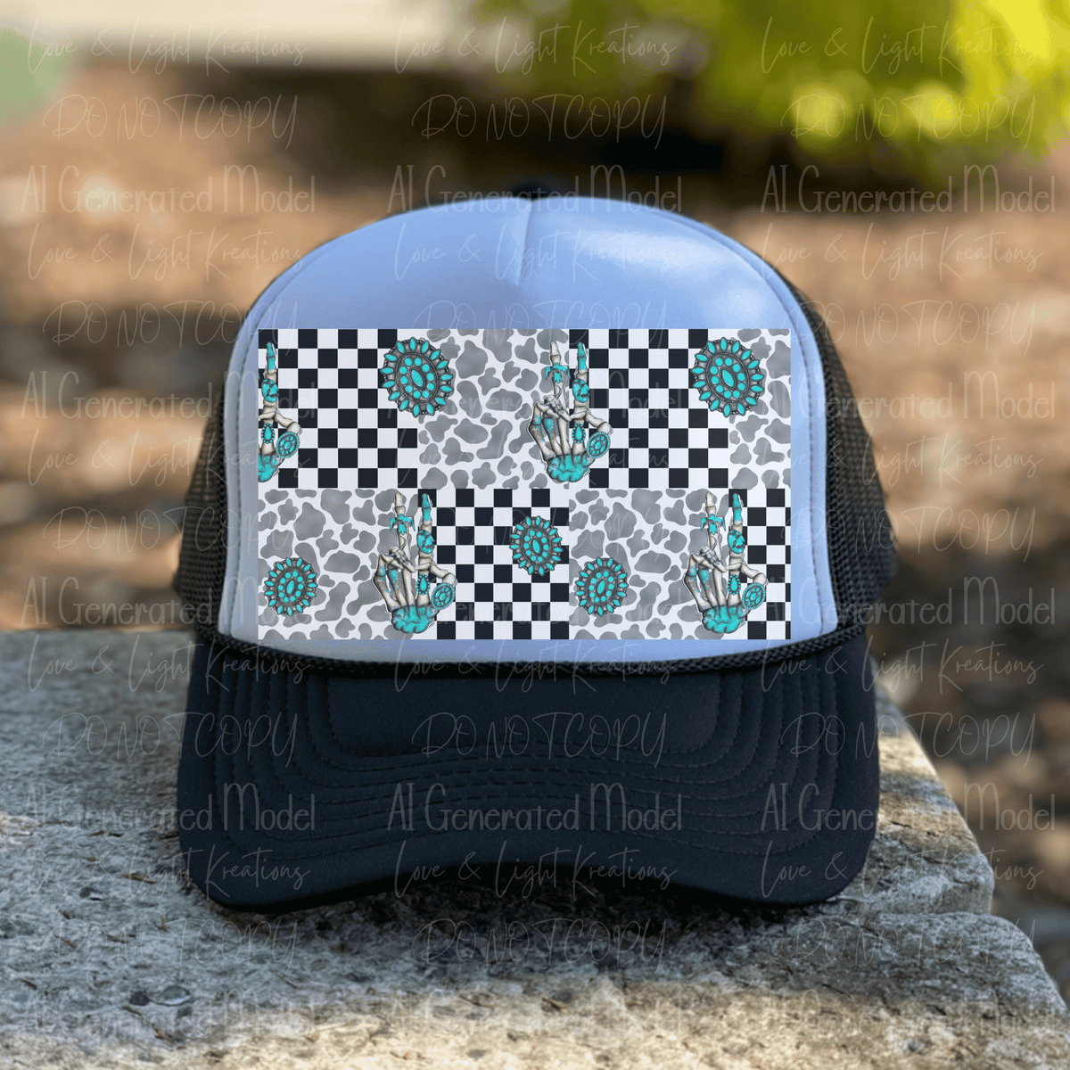 Edgy Western Turquoise Skeleton Hand Hat Background