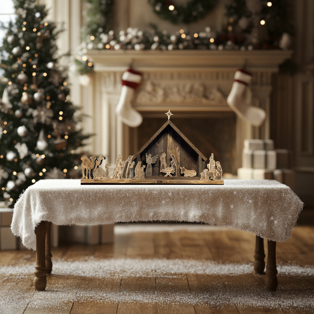 Engraved Nativity Set with Stable| 14-Piece Handcrafted Wooden Décor| Laser-Cut Christian Christmas Scene| Unique Holiday Gift Idea