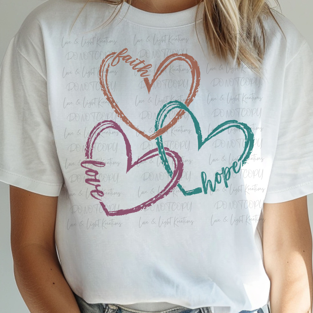 Faith, Hope and Love Hearts in Brown, Teal and Maroon