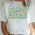 Faux Brush Stroke Lucky with Pink and Green Shamrocks