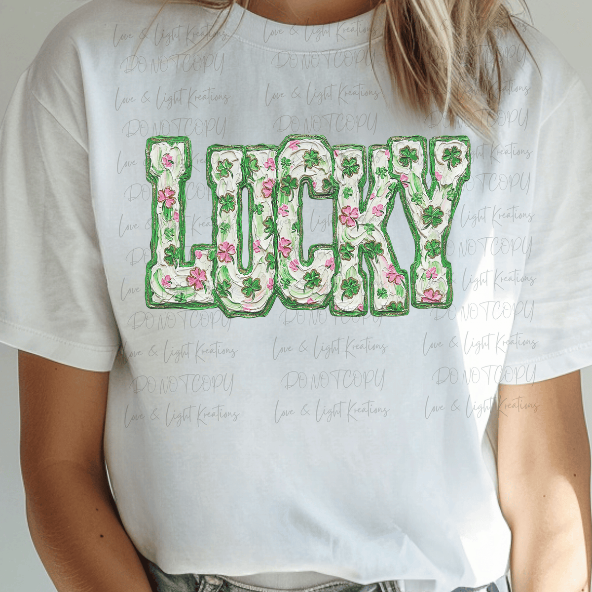 Faux Brush Stroke Lucky with Pink and Green Shamrocks