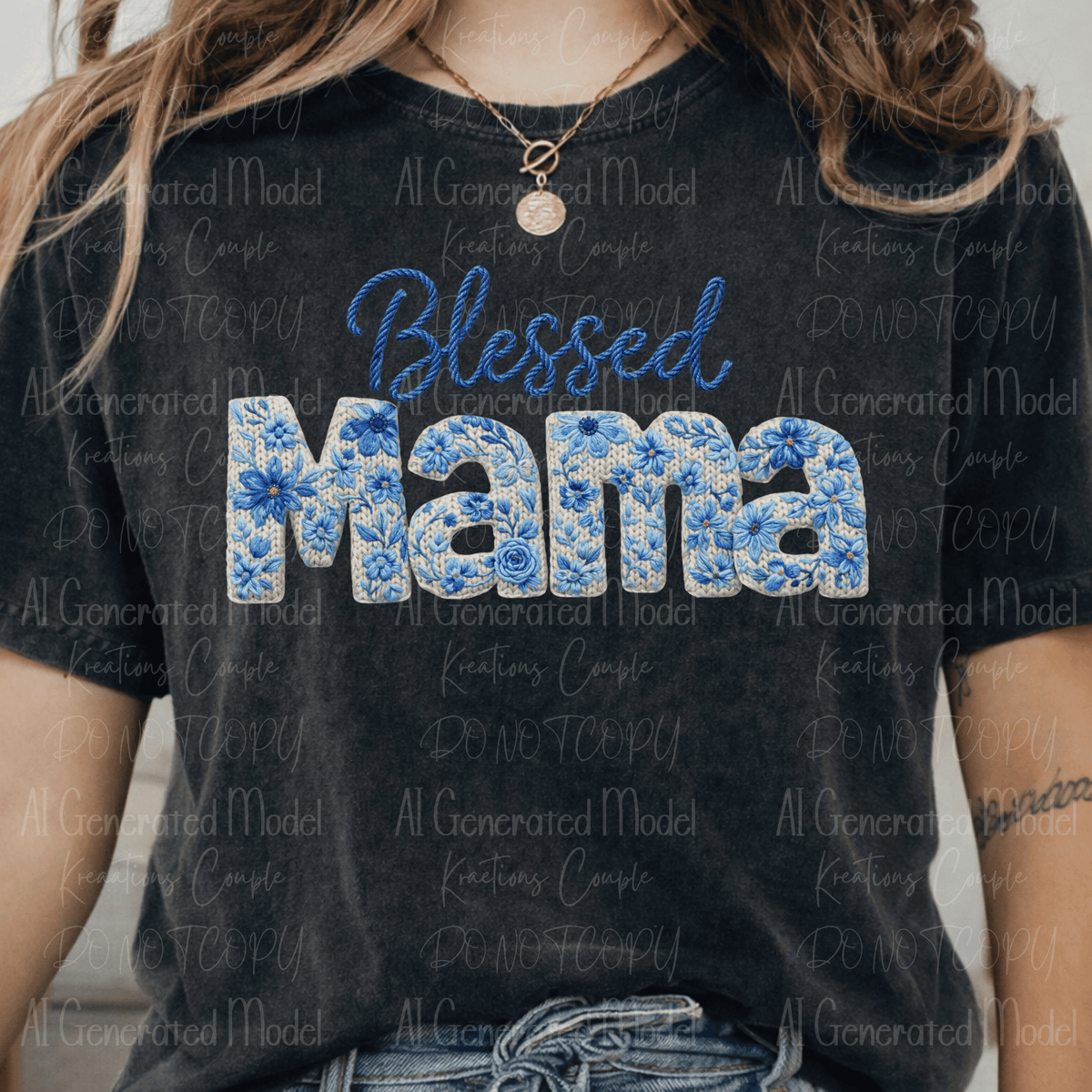 Faux Embroidered Blue and White Mama