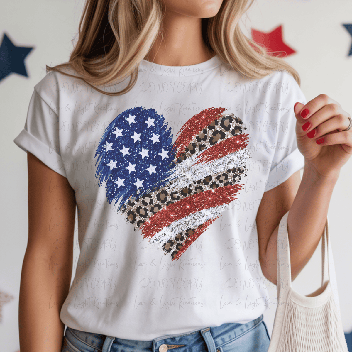 Faux Glitter American Flag Heart with Leopard Print