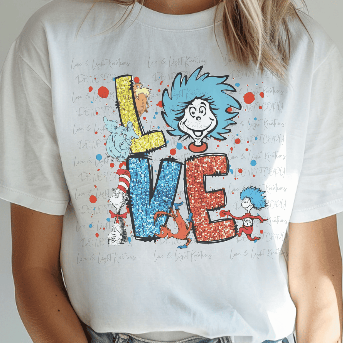 Faux Glitter Love with Red and Blue Dots and  Theodor Geisel Characters