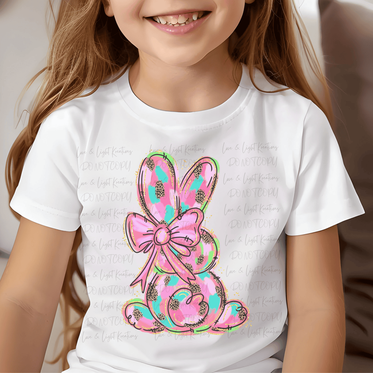 Faux Glitter, Pink, and Teal Paint Stroke Easter Bunny with Bow
