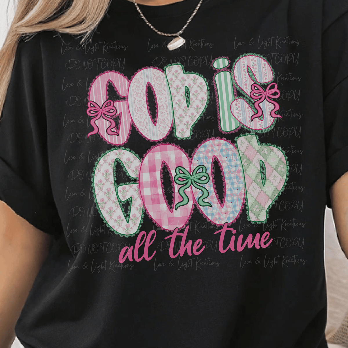 Faux Lace God is Good All the Time in Pink and Green