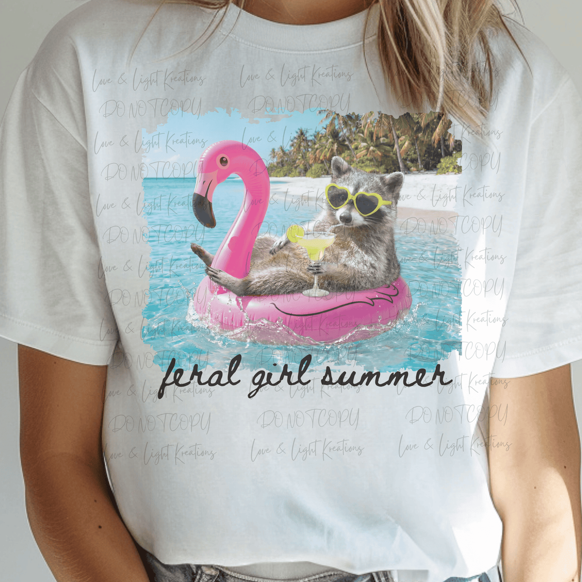 Feral Girl Summer with Racoon in Flamingo Float Black Font