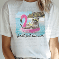 Feral Girl Summer with Racoon in Flamingo Float Black Font Distressed