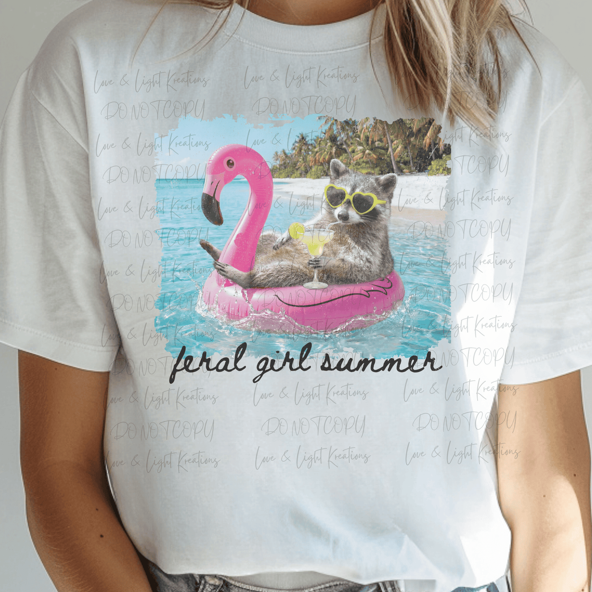 Feral Girl Summer with Racoon in Flamingo Float Black Font Distressed